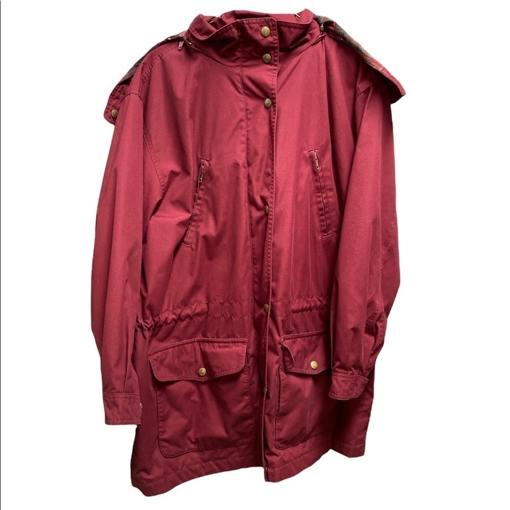 Eddie Bauer coat water repellent hooded plaid lined zip/button front Sz Medium